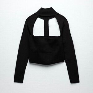 Zara Cutout‎ Knit Mock Neck Long Sleeve Cropped Top in Black Casual Size Large